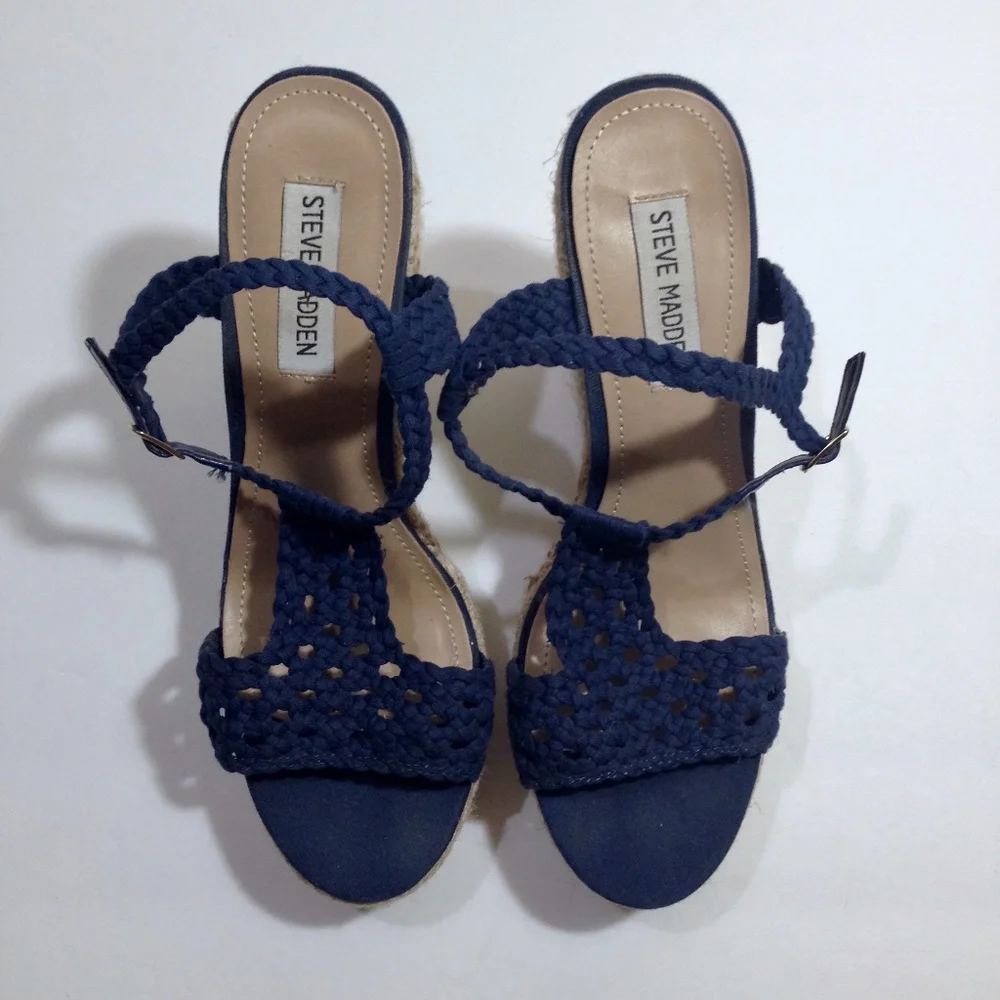 Steve Madden Navy Crochet Espadrille Wedge Sandals with Braided Jute Heel